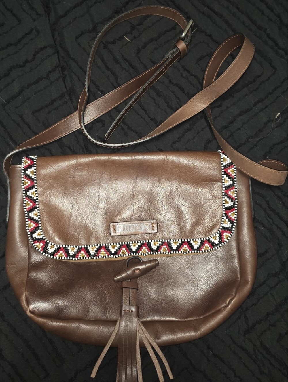 Pikolinos Fanzara Brown Leather Crossbody Bag with Maasai Beaded Trim